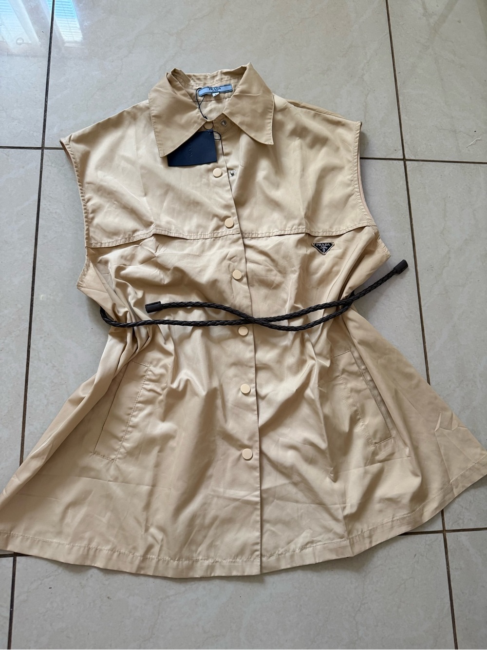 Prada logo style Beige Sleeveless Button-Front Midi Dress no Belt L